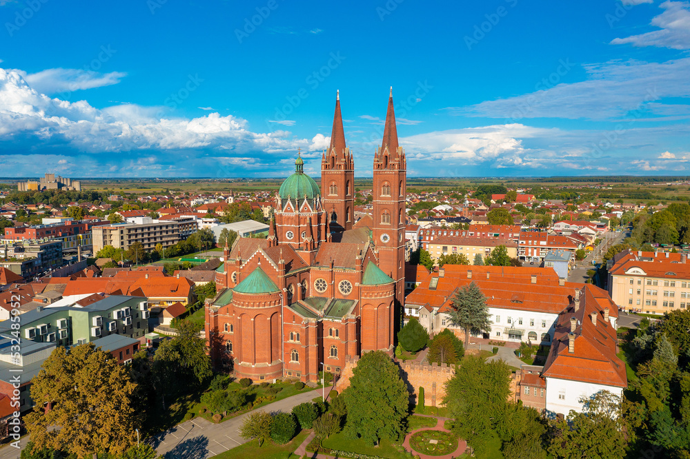 Aerial photo of a cathedral in Đakovo town, Croatia