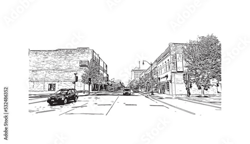 Building view with landmark of Oshkosh is the 
city in Wisconsin. Hand drawn sketch illustration in vector.