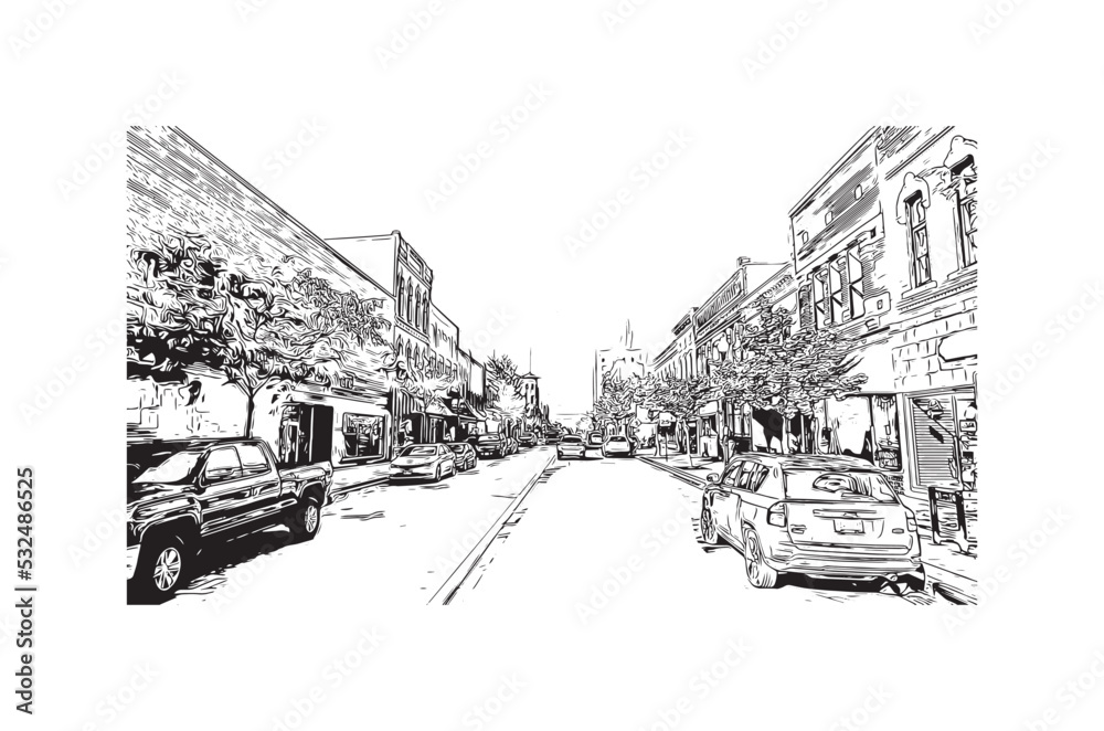 Building view with landmark of Oshkosh is the 
city in Wisconsin. Hand drawn sketch illustration in vector.