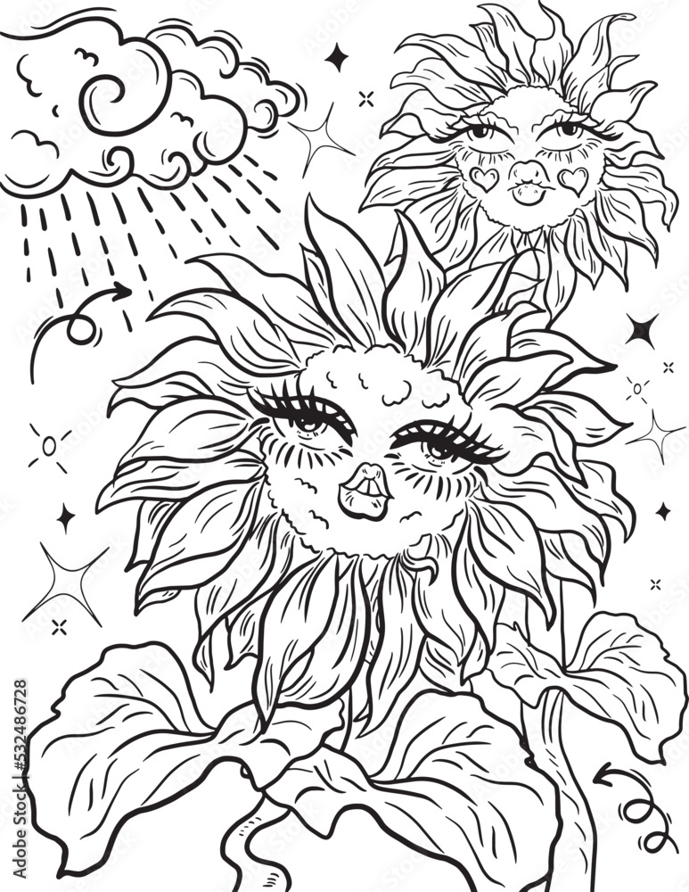 Sunflower coloring page. Vector coloring for adults Stock Vector