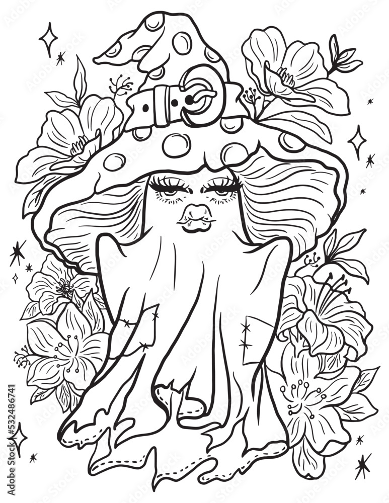 Ghost and mushroom hat coloring page. Vector coloring for adults Stock Vector | Adobe Stock