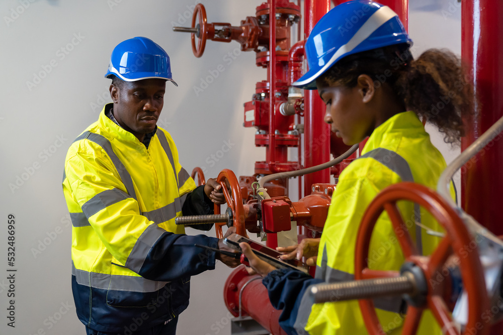 Team of engineer or technician maintenance, checking, or test system springer prevent fire. Group of African American contractor checking fire sprinkler system, pipe assembly, red fire pipe - obrazy, fototapety, plakaty 