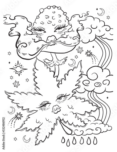 Weed leaf and mushroom coloring page. Vector coloring for adults