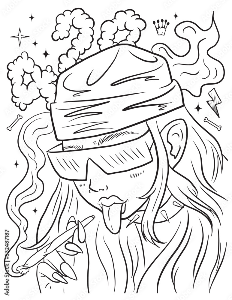 Beautiful girl and weed leaf coloring page. Vector coloring for adults