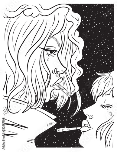 Beautiful girl smoking cigarette coloring page. Vector coloring for adults