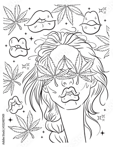 Beautiful girl and weed leaf coloring page. Vector coloring for adults