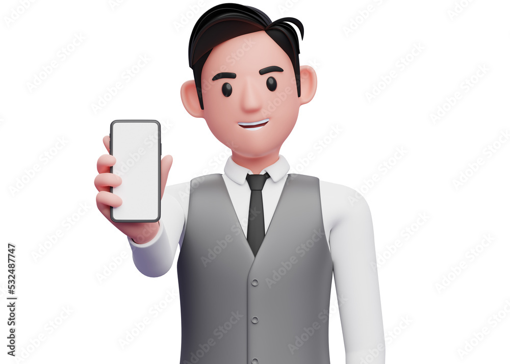 close up of businessman in gray office vest showing phone screen to the camera, 3d illustration of businessman using phone close up of businessman in gray office vest showing phone screen to the camera, 3d illustration of businessman using phone