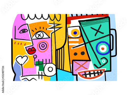 Modern illustration abstract face portrait man, woman, hand drawing colorful vector. Surreal figure design.