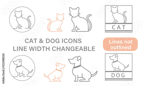 set of cat and dog silhouette icons in vector, line not outlined, line width changeable, easy to retouch. For the brand logo, signboard, infographic, and product package and label. 