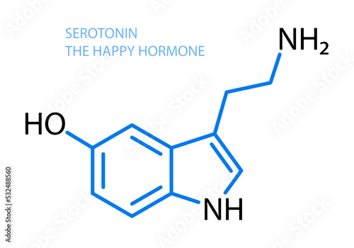 Serotonin the happy hormone vector moleculat structure illustration. Serotonin chemical formula, hormone of happines antidepressant concept. Chenistry icon, organic molecular structure. Medicine icon
