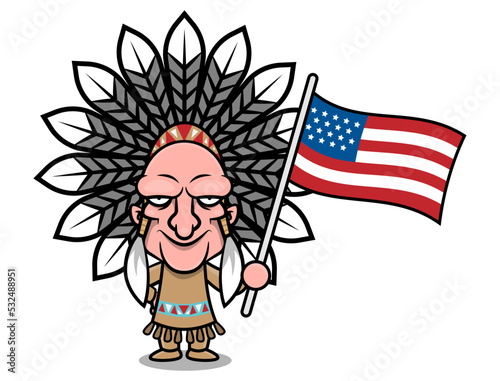 Cartoon illustration of Native American Mascot character holding American Flag, best for sticker, logo, and decoration for Native American Day