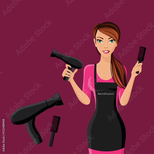 Attractive happy girl hairdresser with comb and hair dryer portrait isolated on white background vector illustration.