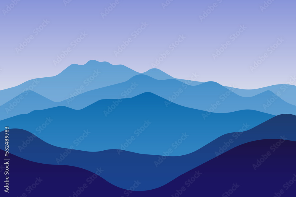 jpeg illustration of beautiful scenery mountains in dark blue gradient color. View of a mountains range. jpg Landscape during sunset at the summer time. Foggy hills in the mountains ragion.

