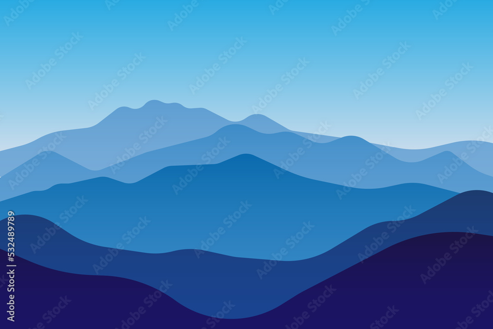 jpeg illustration of beautiful scenery mountains in dark blue gradient color. View of a mountains range. jpg Landscape during sunset at the summer time. Foggy hills in the mountains ragion.
jpeg illus