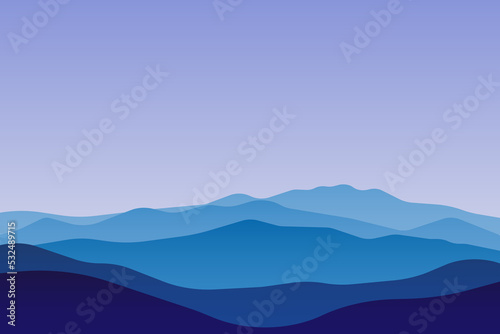 jpeg illustration of beautiful scenery mountains in dark blue gradient color. View of a mountains range. jpg Landscape during sunset at the summer time. Foggy hills in the mountains ragion. 