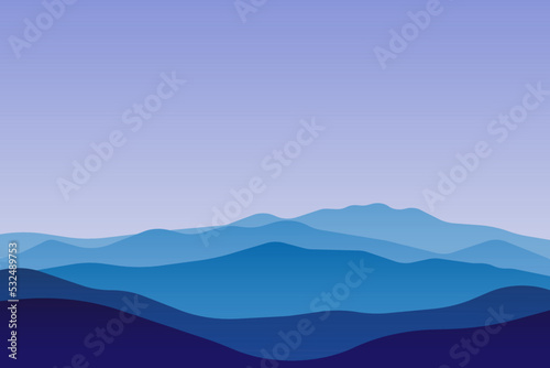Vector illustration of beautiful scenery mountains in dark blue gradient color. View of a mountains range. Landscape during sunset at the summer time. Foggy hills in the mountains ragion. 