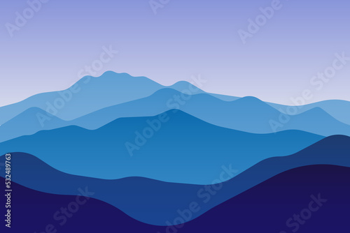 jpeg illustration of beautiful scenery mountains in dark blue gradient color. View of a mountains range. jpg Landscape during sunset at the summer time. Foggy hills in the mountains ragion. 