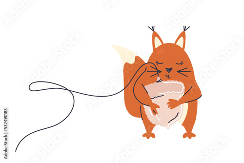 Red squirrel baby animal kissing acorn balloon isolated on white. Fluffy rodent cartoon character. Cute childish graphic print design. Funny wild creature. Nursery hand drawn flat vector illustration