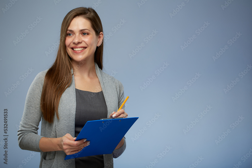 Smiling woman accountant or office employee ready for work. Isolated portrait of businesswoman looking side away. Smiling woman accountant or office employee ready for work. Isolated portrait of businesswoman looking side away.