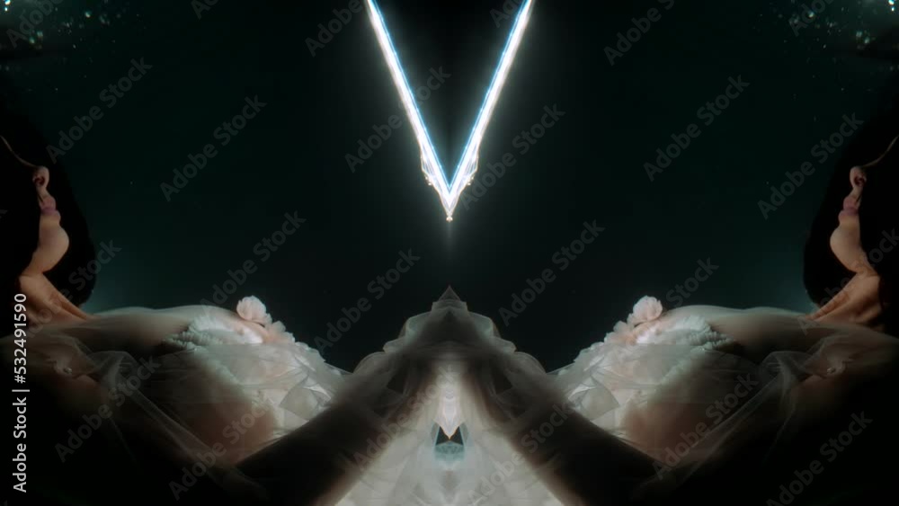 enigmatic witch with glowing wand in darkness and deepness, slow motion double shot