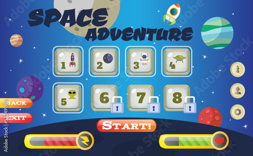 Scifi space adventure game user interface template vector illustration