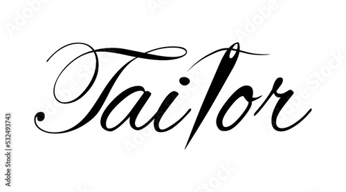 Tailor logo with sewing needle with thread. Handwriting text isolated on white background. Black outline print template.