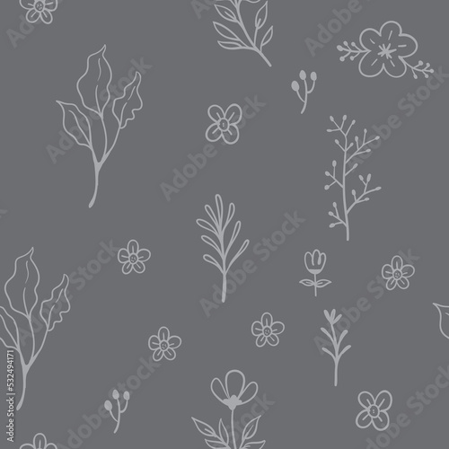 Vector leaves seamless pattern. Random plants texture background. Sketched doodles.