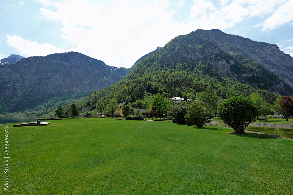 Beautiful scenic landscape over Austrian alps meadow in Hallstatt, Salzkammergut, Austria.