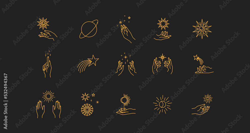 Aesthetic astral hands. Collection of cosmic and celestial elements with sun, moon and stars. Isolated editable linear vectors. Aesthetic astral hands. Collection of cosmic and celestial elements with sun, moon and stars. Isolated editable linear vectors.
