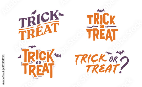 Trick or Treat lettering design with flying bats. Halloween card or banner spooky design.