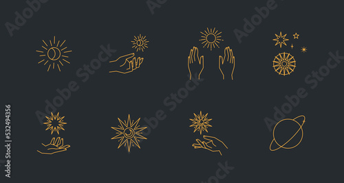 Aesthetic astral hands. Collection of cosmic and celestial elements with sun, moon and stars. Isolated editable linear vectors.
