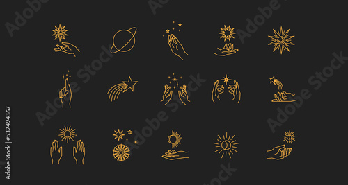 Aesthetic astral hands. Collection of cosmic and celestial elements with sun, moon and stars. Isolated editable linear vectors.