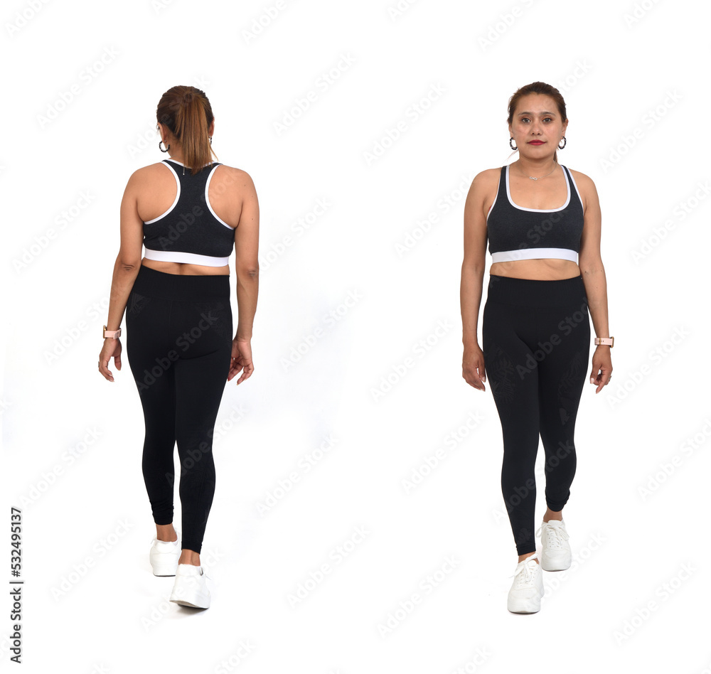 front and back view of same woman with sportswear walking on white backgrouond front and back view of same woman with sportswear walking on white backgrouond