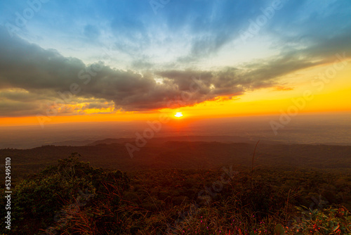 mountain scenery and evening sky,beautiful mountain and sky scenery,Picturesque sunset in the mountains. A calm evening fell on mountain ranges overgrown with green forest.