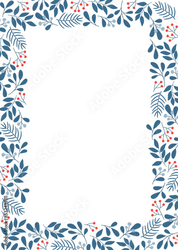 Winter frame with mistletoe, twigs and berries. Template for Christmas greeting card, invitation, poster, banner. 