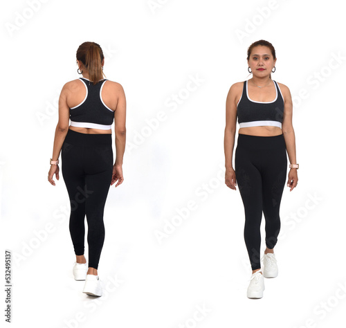 front and back view of same woman with sportswear walking on white backgrouond