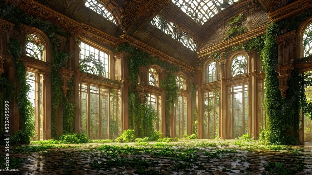A garden in a majestic architectural building with large stained glass windows and arches. Mystical and mysterious rooms in green plants. Fantasy interior, exterior inside the building. 3D illustratio A garden in a majestic architectural building with large stained glass windows and arches. Mystical and mysterious rooms in green plants. Fantasy interior, exterior inside the building. 3D illustratio