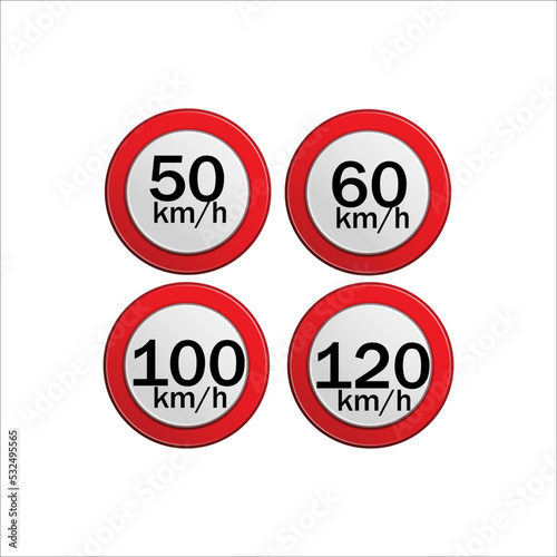 Set of speed limit road signs. Set of generic speed limit signs for maximum speed at 5 10 15 20 30 40 50 60 70 80 90 and 100 kilometers per hour. With black numbers in red circle.
