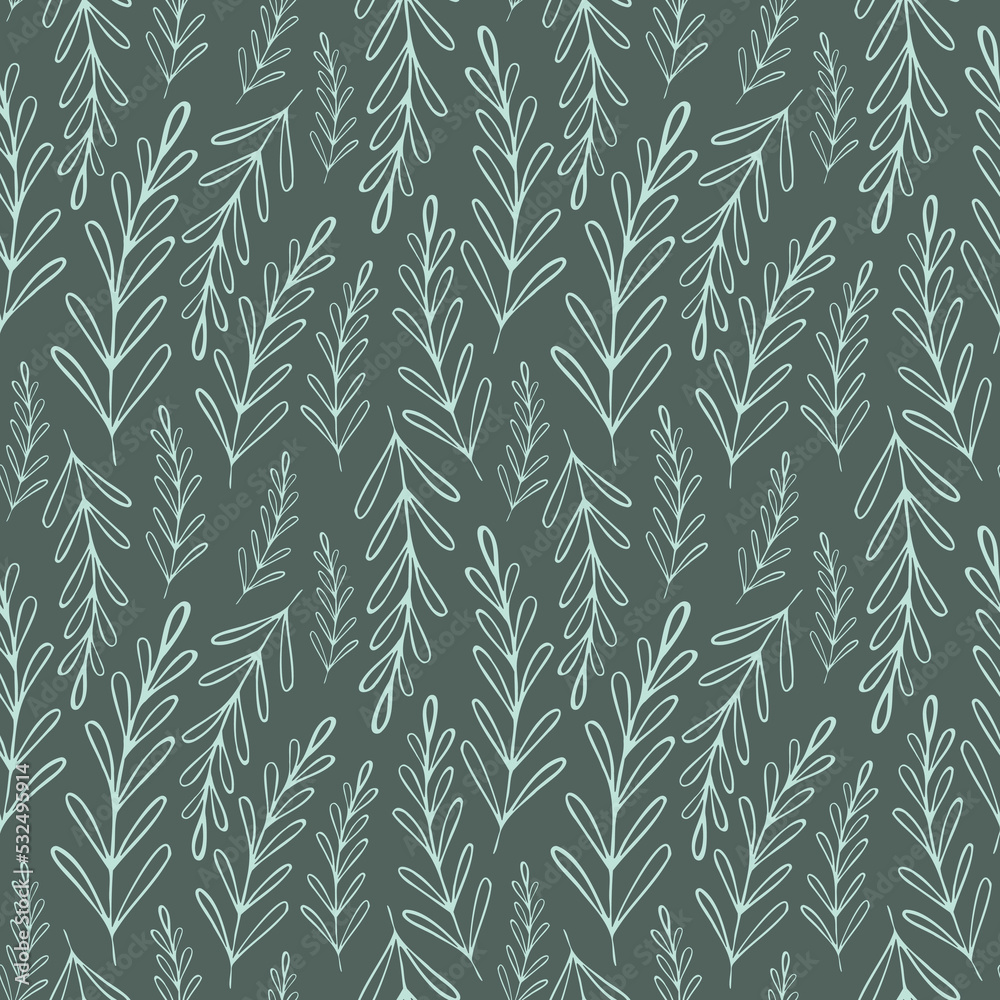 Fototapeta premium Vector seamless pattern with doodle style plants. Botanical sketches leaves in minimalistic background. Simple texture for your decor. Template for design textile, fabric, cover, card, wallpaper.