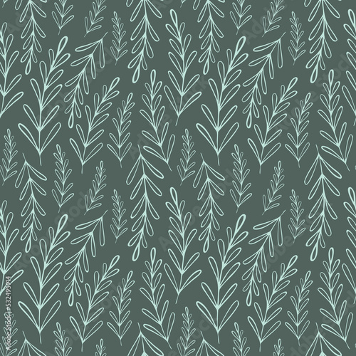 Vector seamless pattern with doodle style plants. Botanical sketches leaves in minimalistic background. Simple texture for your decor. Template for design textile, fabric, cover, card, wallpaper.