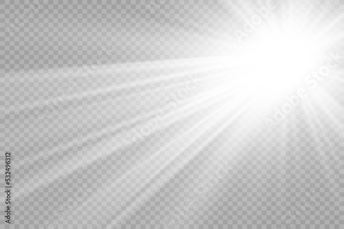 Special lens flash, light effect. The flash flashes rays and searchlight. illust.White glowing light. Beautiful star Light from the rays. The sun is backlit. Bright beautiful star. Sunlight. Glare.	