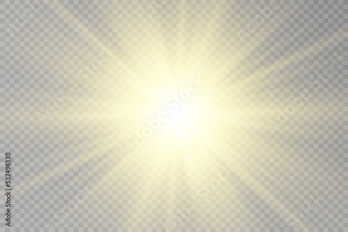 Special lens flash, light effect. The flash flashes rays and searchlight. illust.White glowing light. Beautiful star Light from the rays. The sun is backlit. Bright beautiful star. Sunlight. Glare.	