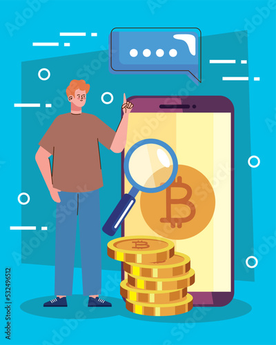 man with bitcoins in smartphone and magnifying