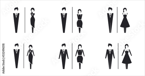 Restroom door pictograms. Woman and man public toilet vector icon set