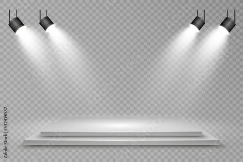  Podium, pedestal or platform, illuminated by spotlights in the background. Vector illustration. Bright light. Light from above. Advertising place	