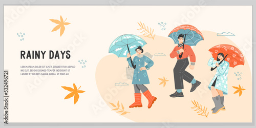 Autumn sale concept for website or printed promotional material for store events, flat vector illustration isolated. Web banner with people in the rain with umbrellas in autumn.