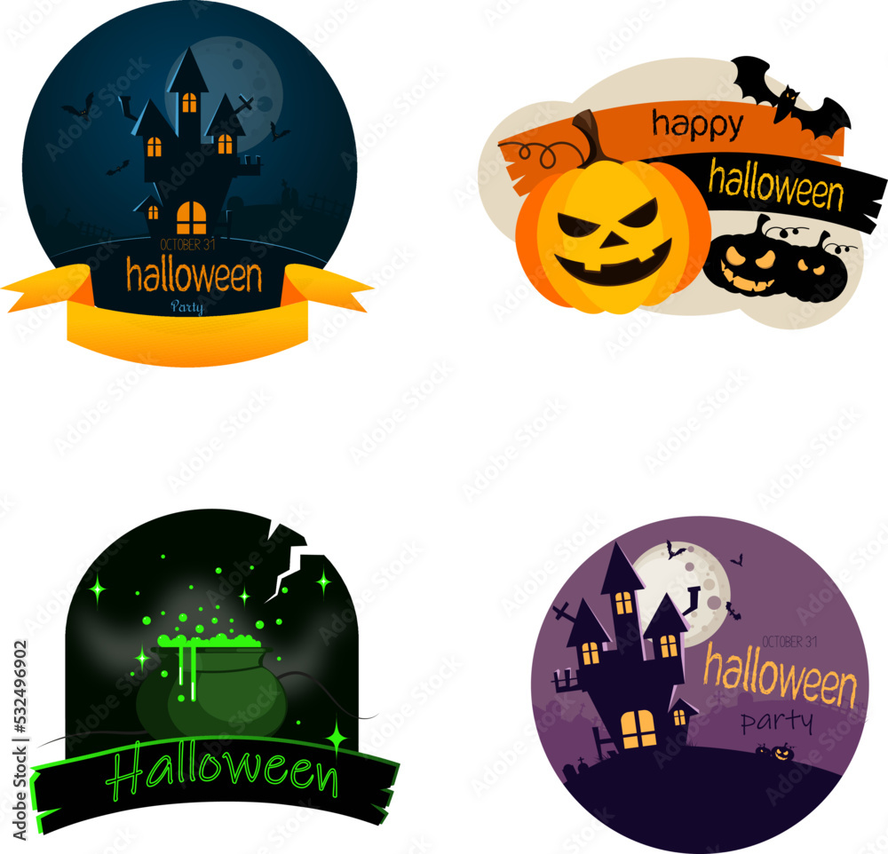 set of icons, halloween stickers with castle, pumpkin, potion