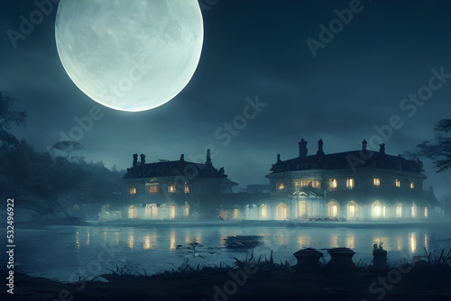 Full moon shines over a creepy haunted house. 