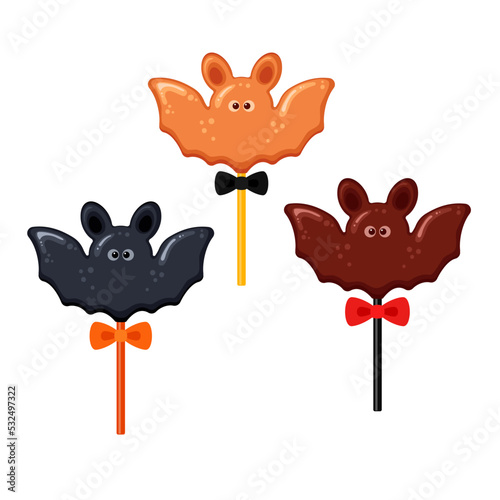 Set of bat-shaped chocolate, liquorice and caramel candies. Vector illustration isolated on white back