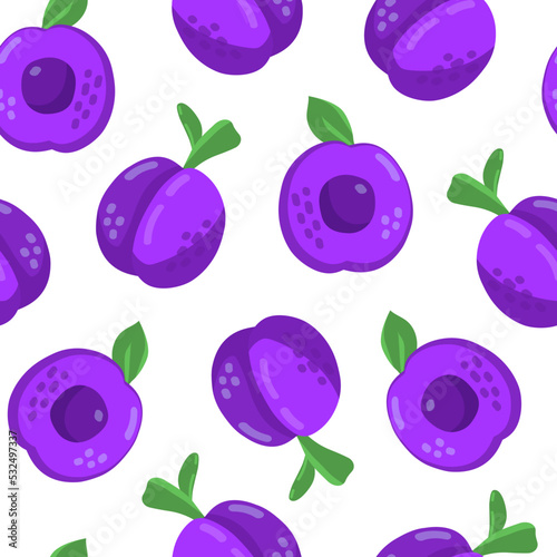 Colorful cartoon plum fruit seamless pattern isolated on white background. Doodle simple vector juicy food. Juice packaging design. Summer fabric print template.